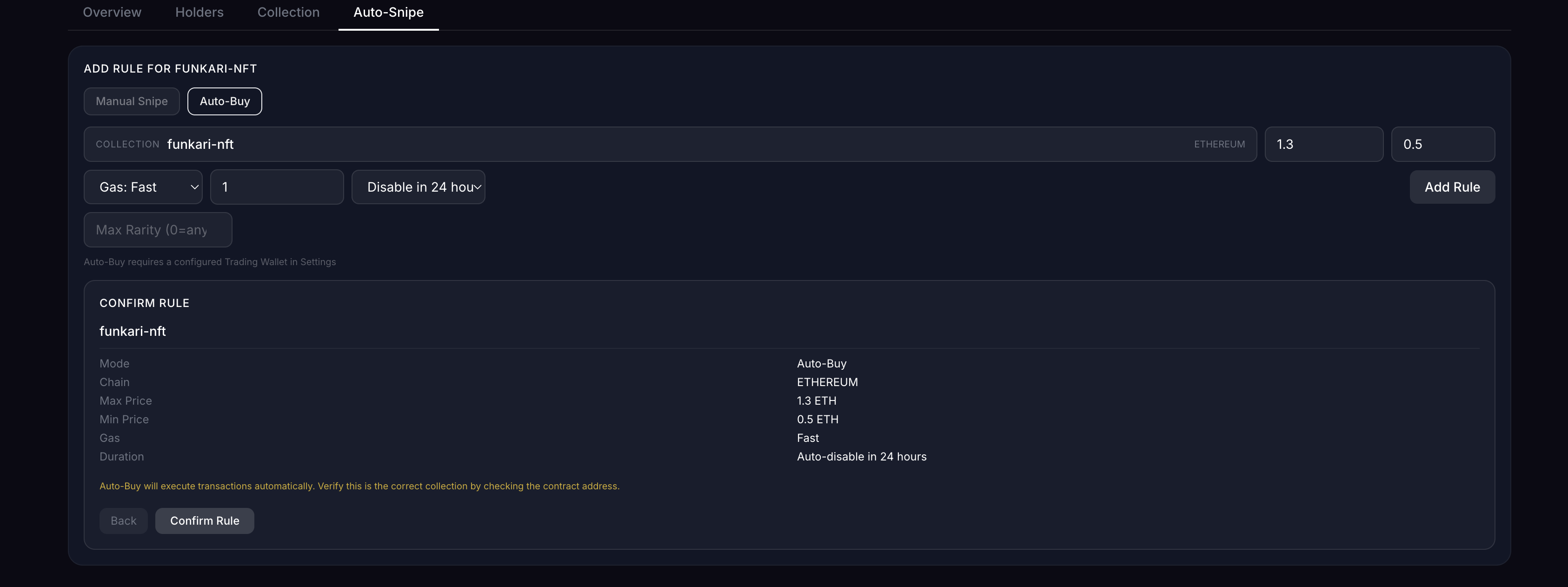Auto-Snipe rule form on a collection page