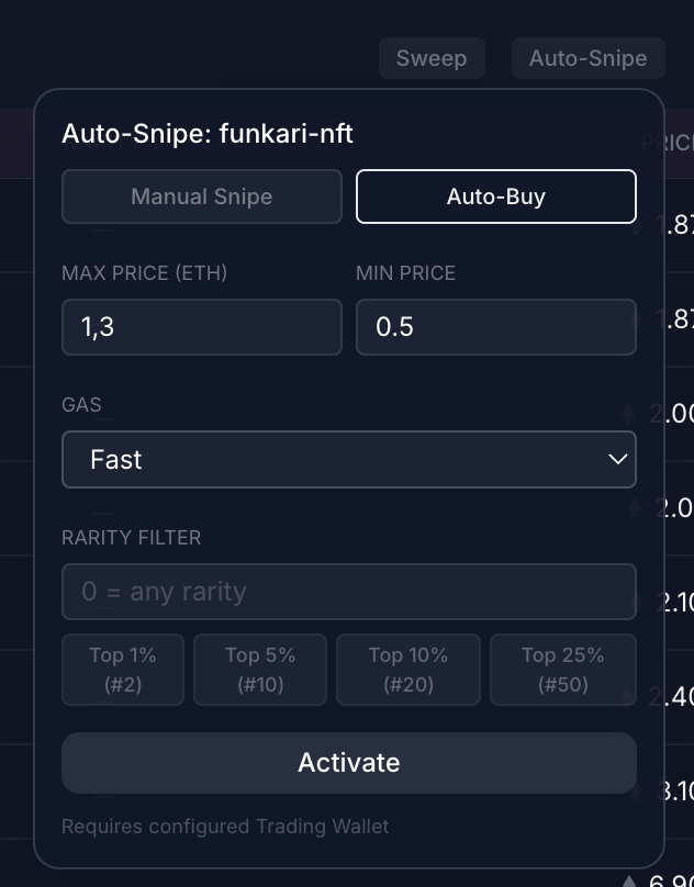 Compact Auto-Snipe popover with rarity preset chips