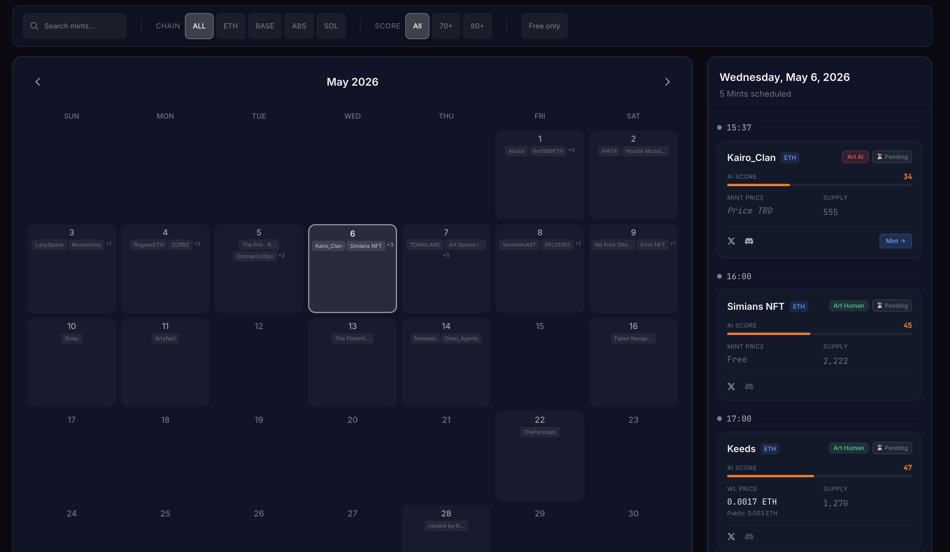 Daily-Mints calendar with the day's scheduled mints listed in a side panel
