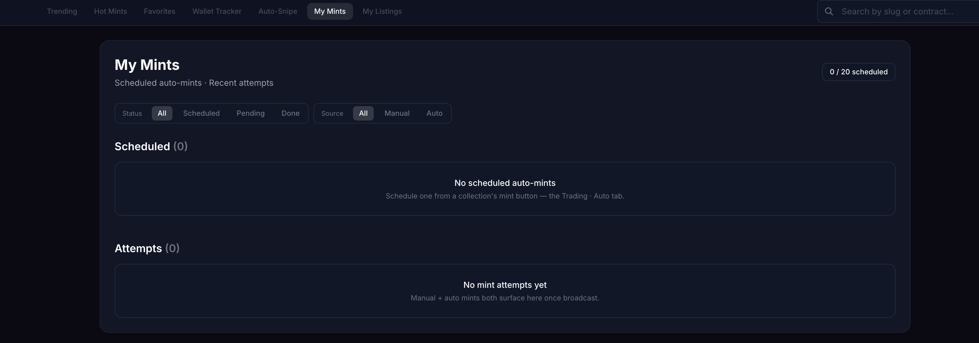 My Mints page with the Scheduled section on top and the Attempts feed below
