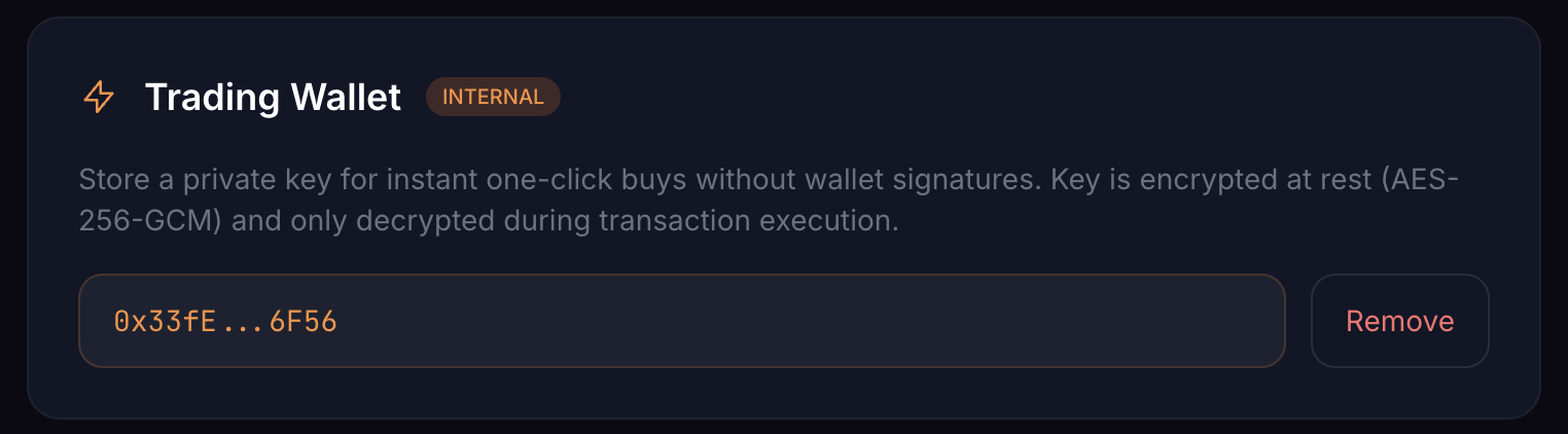 Trading Wallet section in Settings, showing the masked wallet address and Remove button
